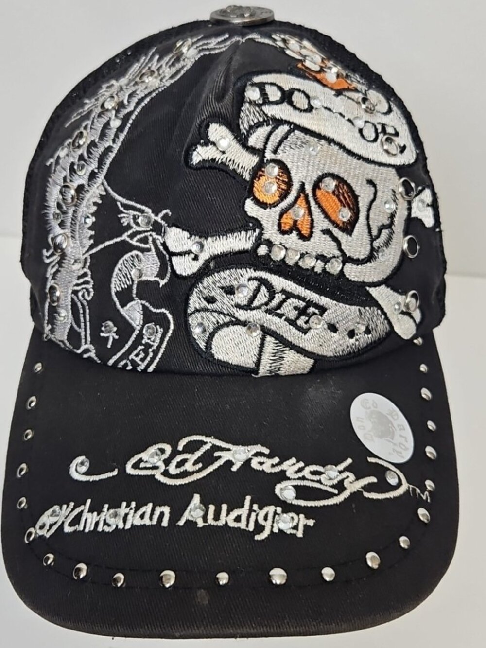 Don Ed Hardy Christian Audigier Cap Hat Mesh Snapback Do or Die Black Rhinestone
